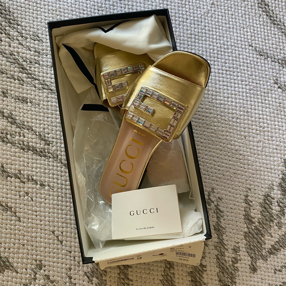 Gucci Shoes Metallic Nappa Crystal Square G Madelyn Slide Sandals sz 37